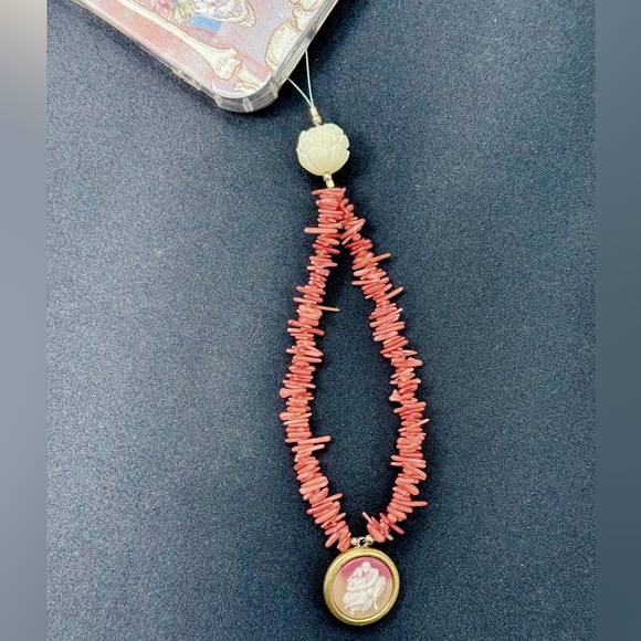 Accessories - Phone wristlet or bag charm, enamel cameo pendant & carved lotus blossom bead